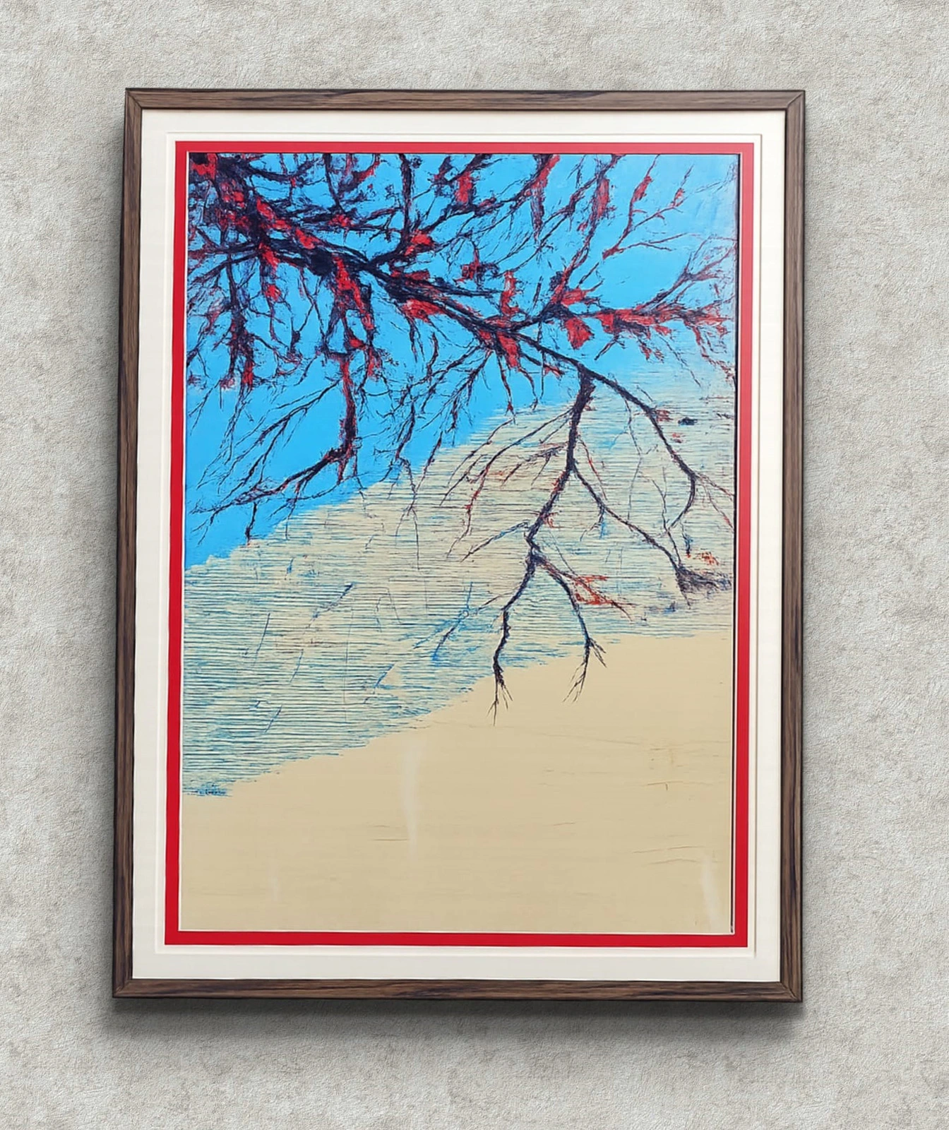 Silent Tree Resurrection Painting original drip technique acrylic artwork showing expressive tree branches with abstract red strokes.