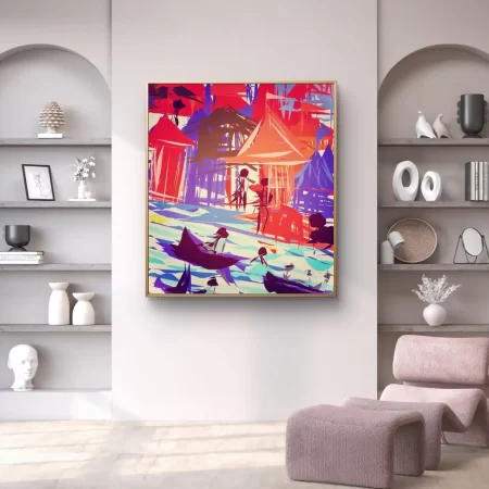 Banaras Ghat Riverfront Geometry digital artwork featuring geometric ghats and river reflection.