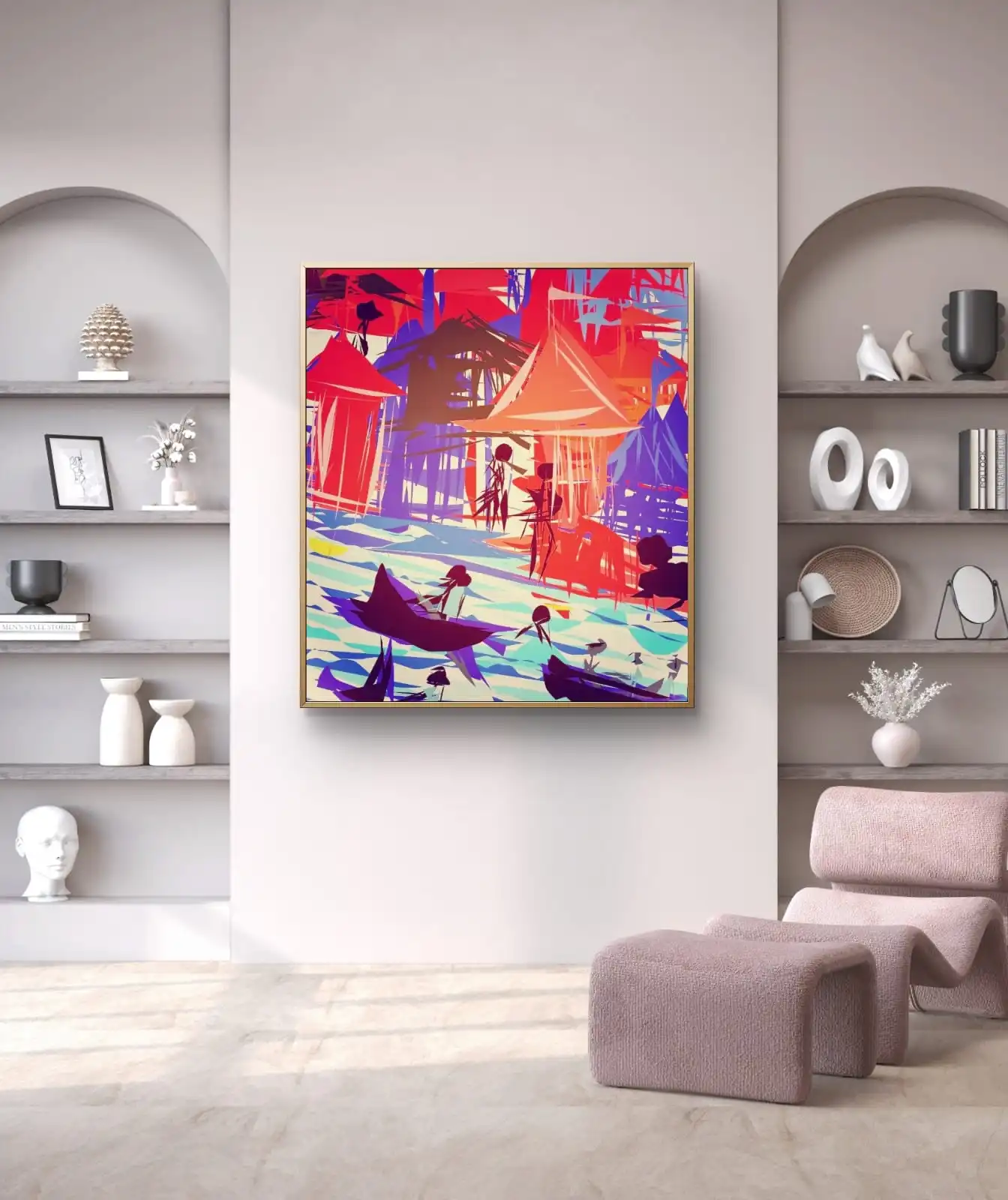 Banaras Ghat Riverfront Geometry digital artwork featuring geometric ghats and river reflection.