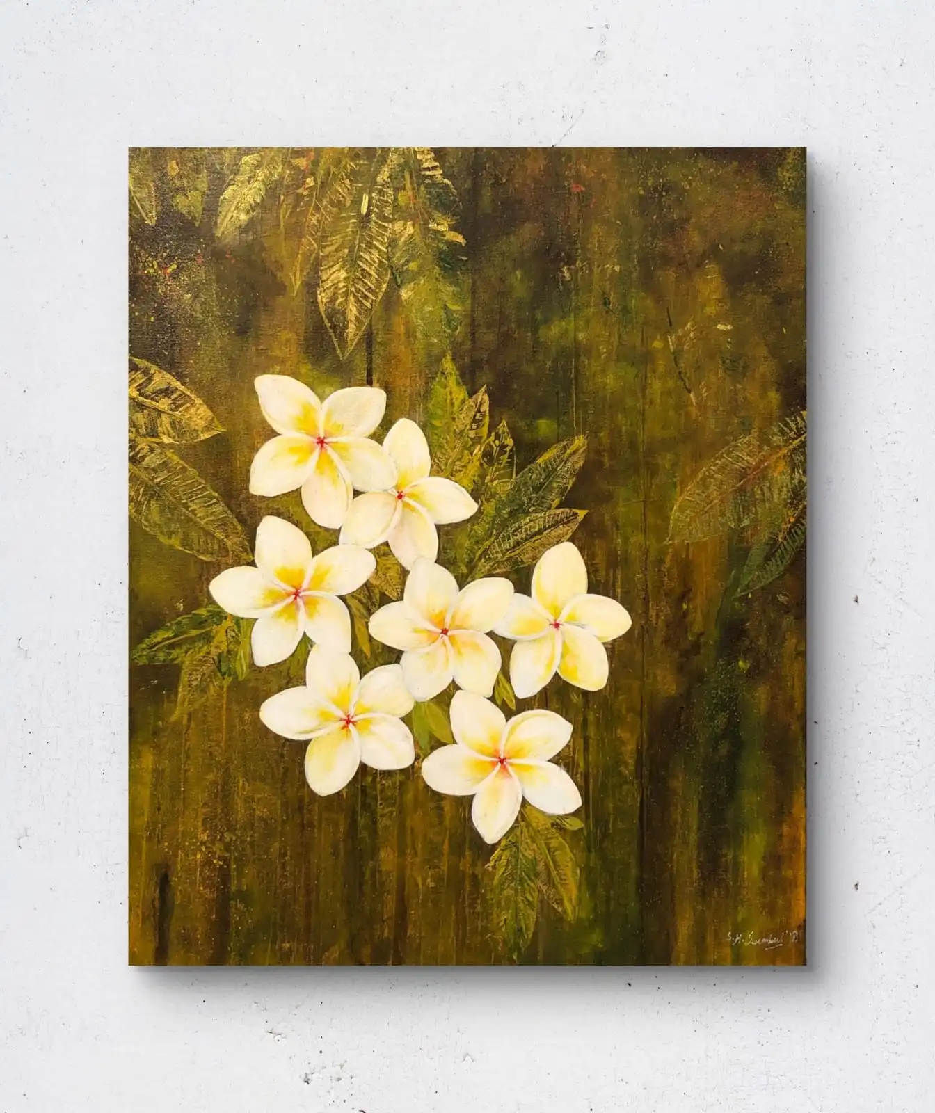 Sacred White Plumeria Blooms floral acrylic painting with white plumeria flowers and green leaves.
