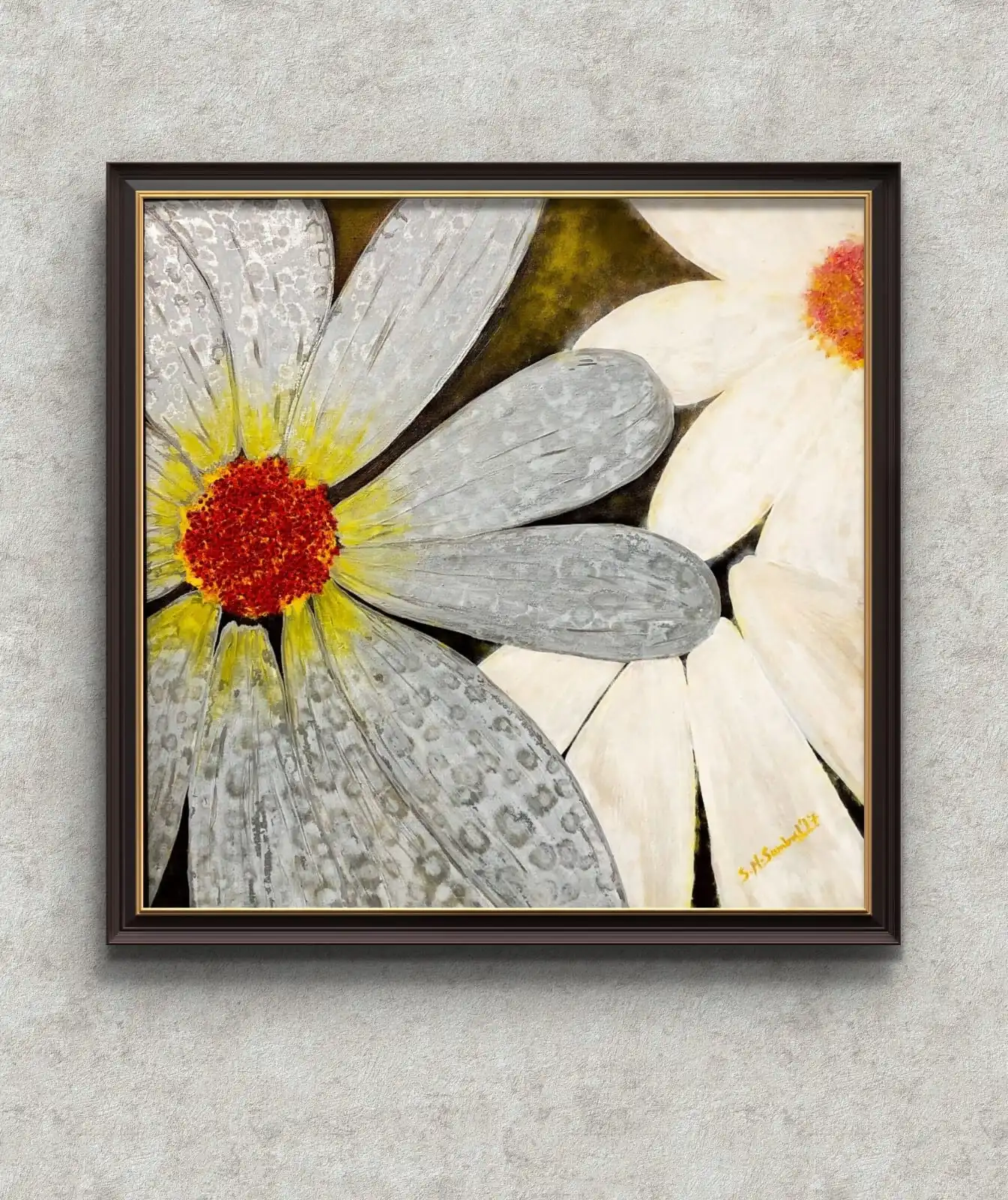 Radiant Daisy in Silver white daisy acrylic painting with golden center textured canvas