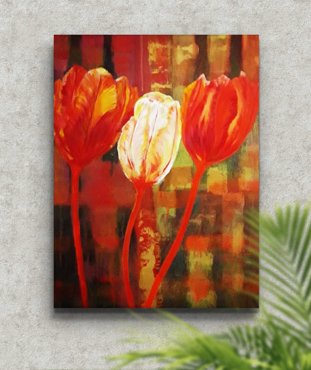 Together We Grow tulip flower acrylic painting on cotton canvas, signed by artist.
