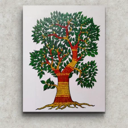 Traditional Gond tree art painting with green leaves and patterned trunk in tribal folk style.