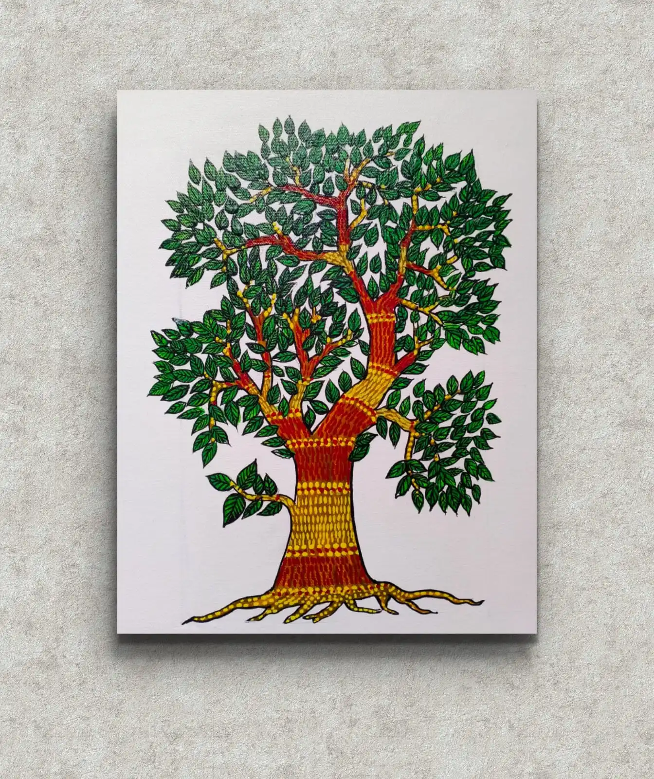 Traditional Gond tree art painting with green leaves and patterned trunk in tribal folk style.