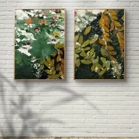"Waterlily Pond Art Prints Set of 2 on Cotton Canvas by Sabiha Hasan Sumbul