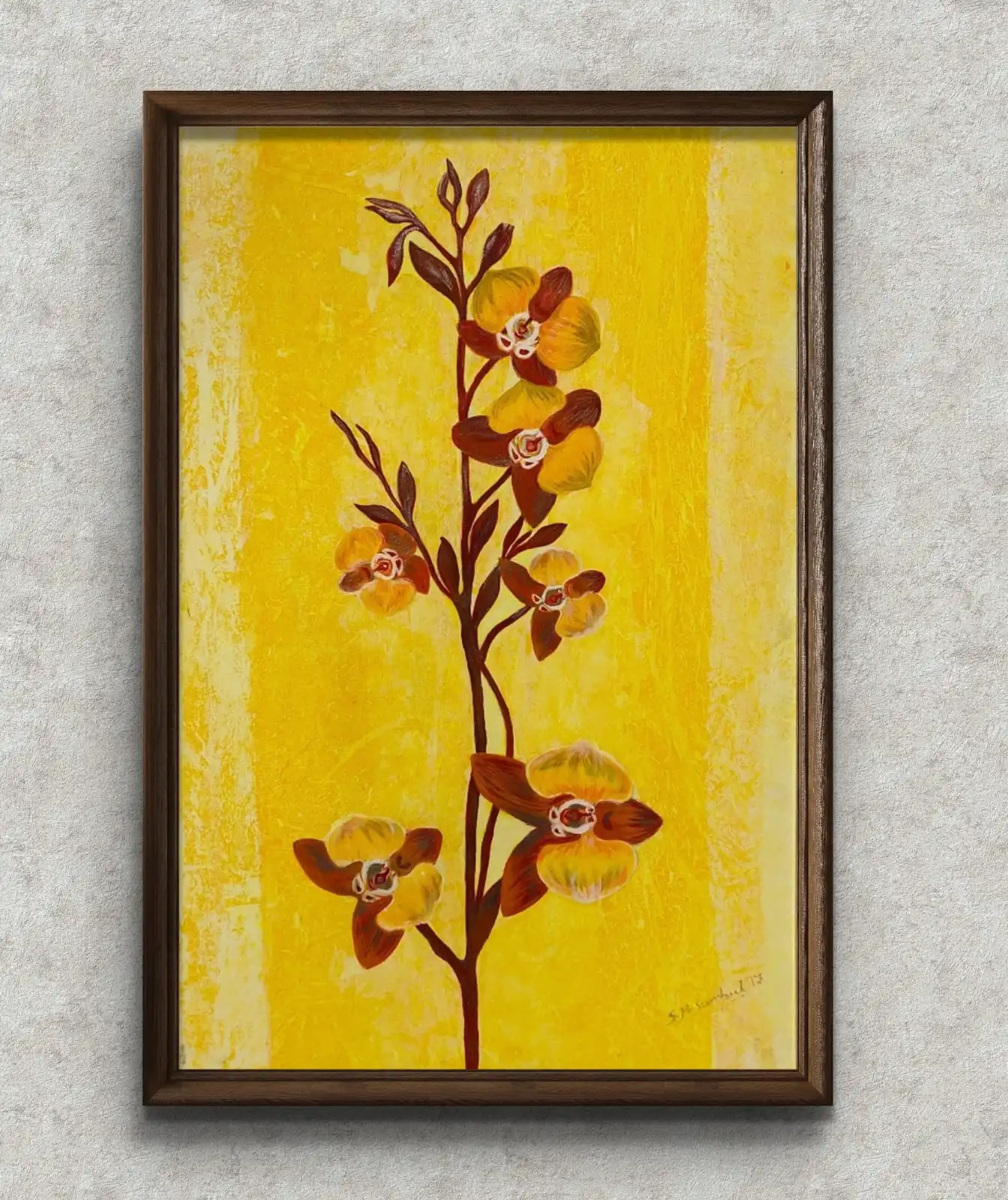 Yellow Orchid Floral Artwork acrylic painting with yellow orchids on textured yellow background