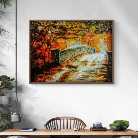 Autumn Bridge Landscape Painting available in unframed canvas, gallery wrap, wooden frame, other framing options.