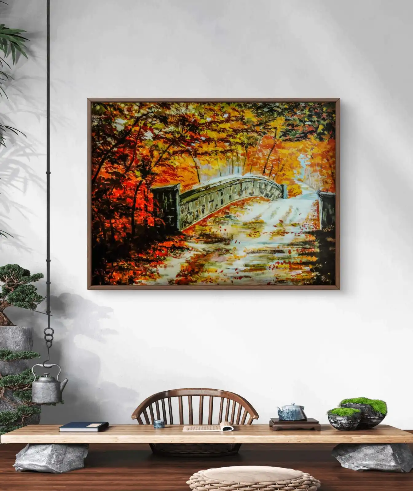 Autumn Bridge Landscape Painting available in unframed canvas, gallery wrap, wooden frame, other framing options.