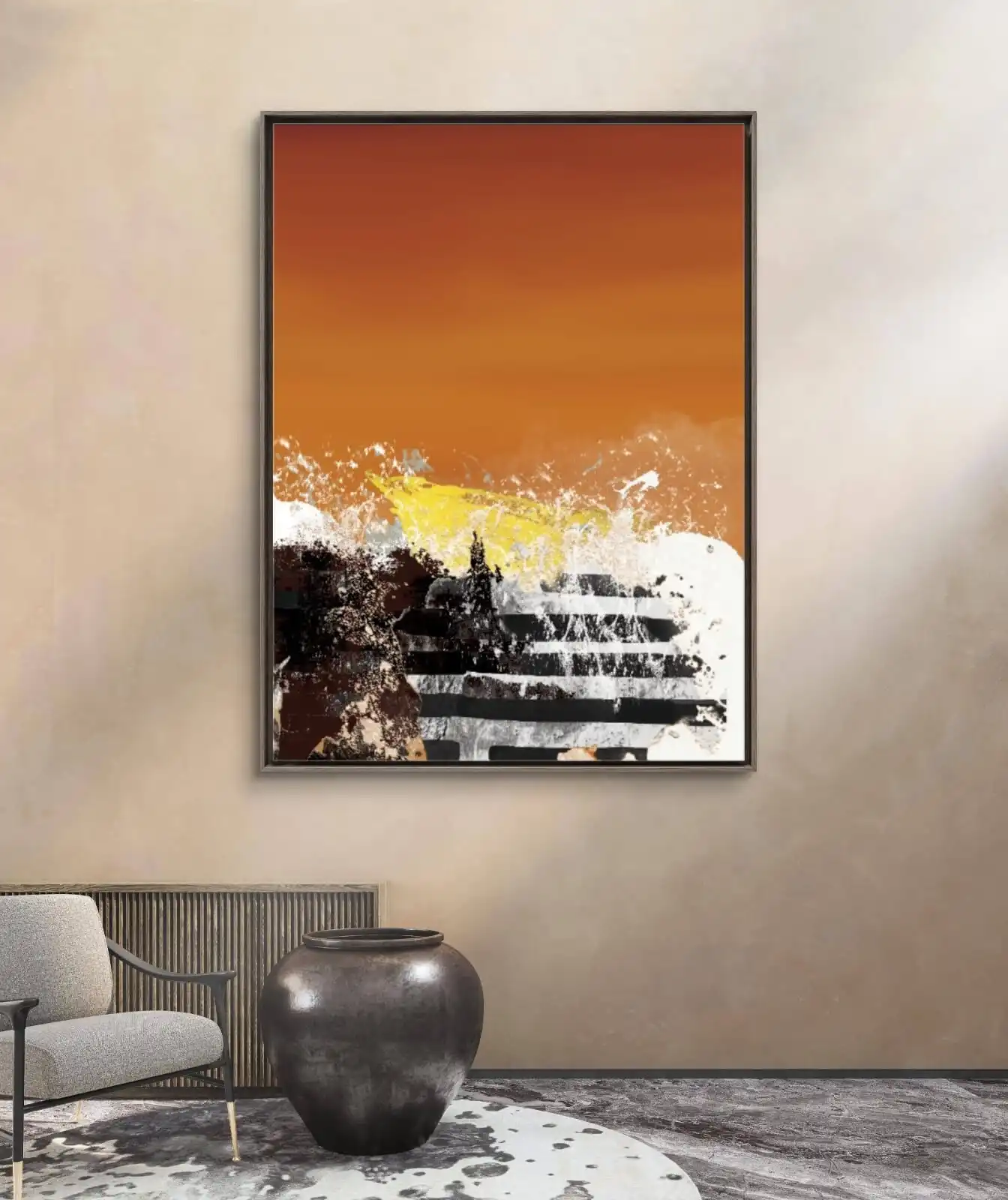 Abstract acrylic painting of a calm river at sunrise with soft orange tones and reflections — Beneath the Still River