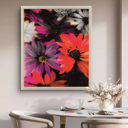 Bloom Burst Art Print featuring vibrant floral design in bold colors on canvas.