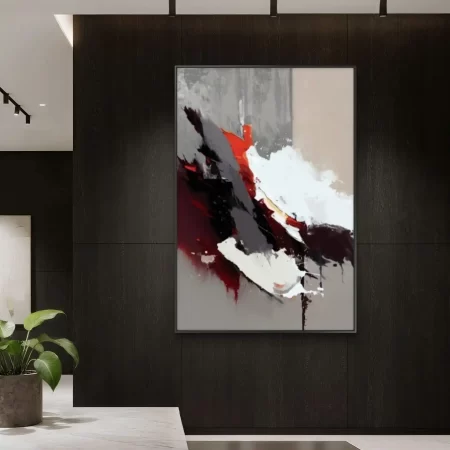 Burning Silence abstract art fine art print on cotton canvas framed against dark wall.