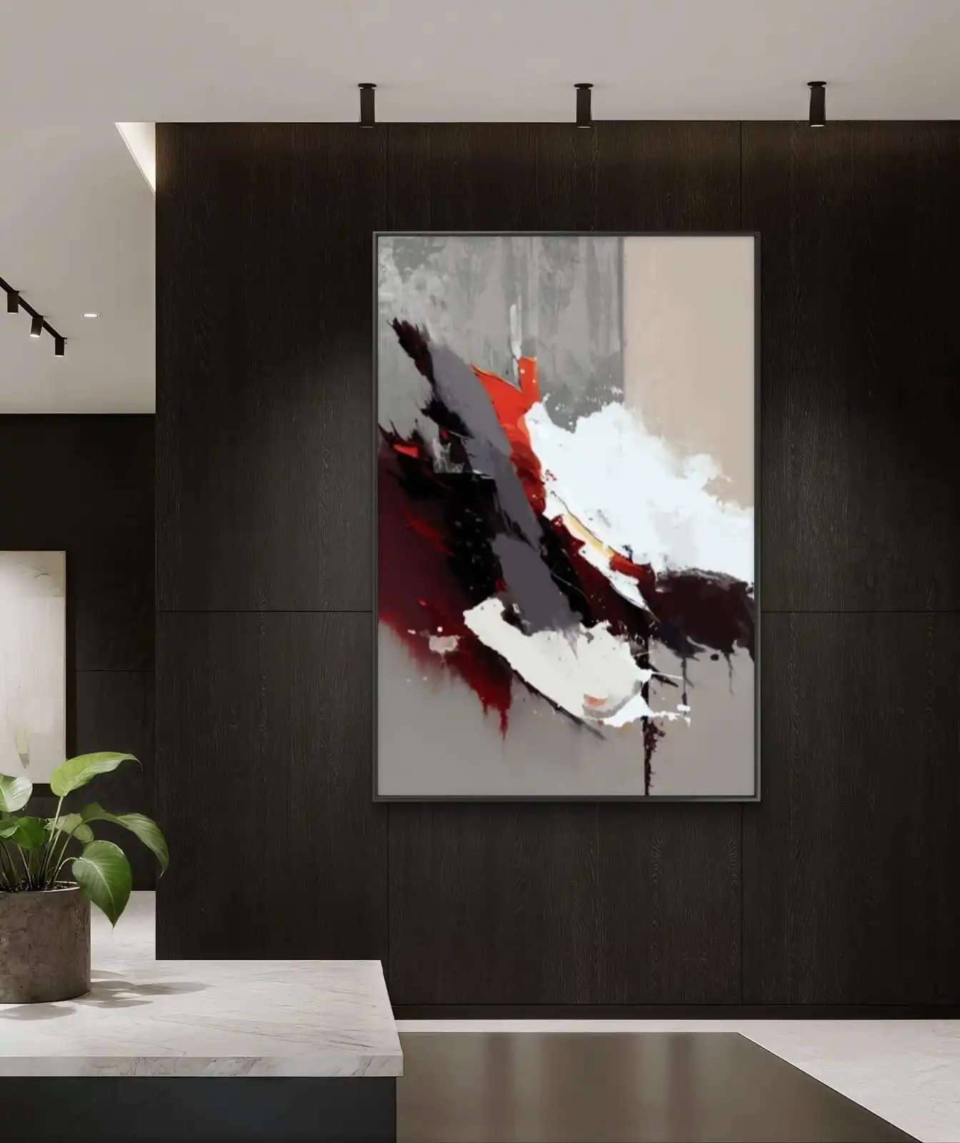 Burning Silence abstract art fine art print on cotton canvas framed against dark wall.