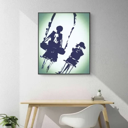 Mother Presence Child Painting By Your Side in blue tones on white and light green background