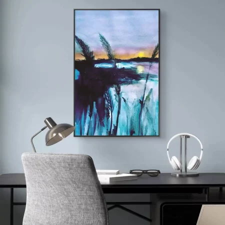 Fields at Sundown painting featuring sunset over teal water with tall reed silhouettes and golden horizon.