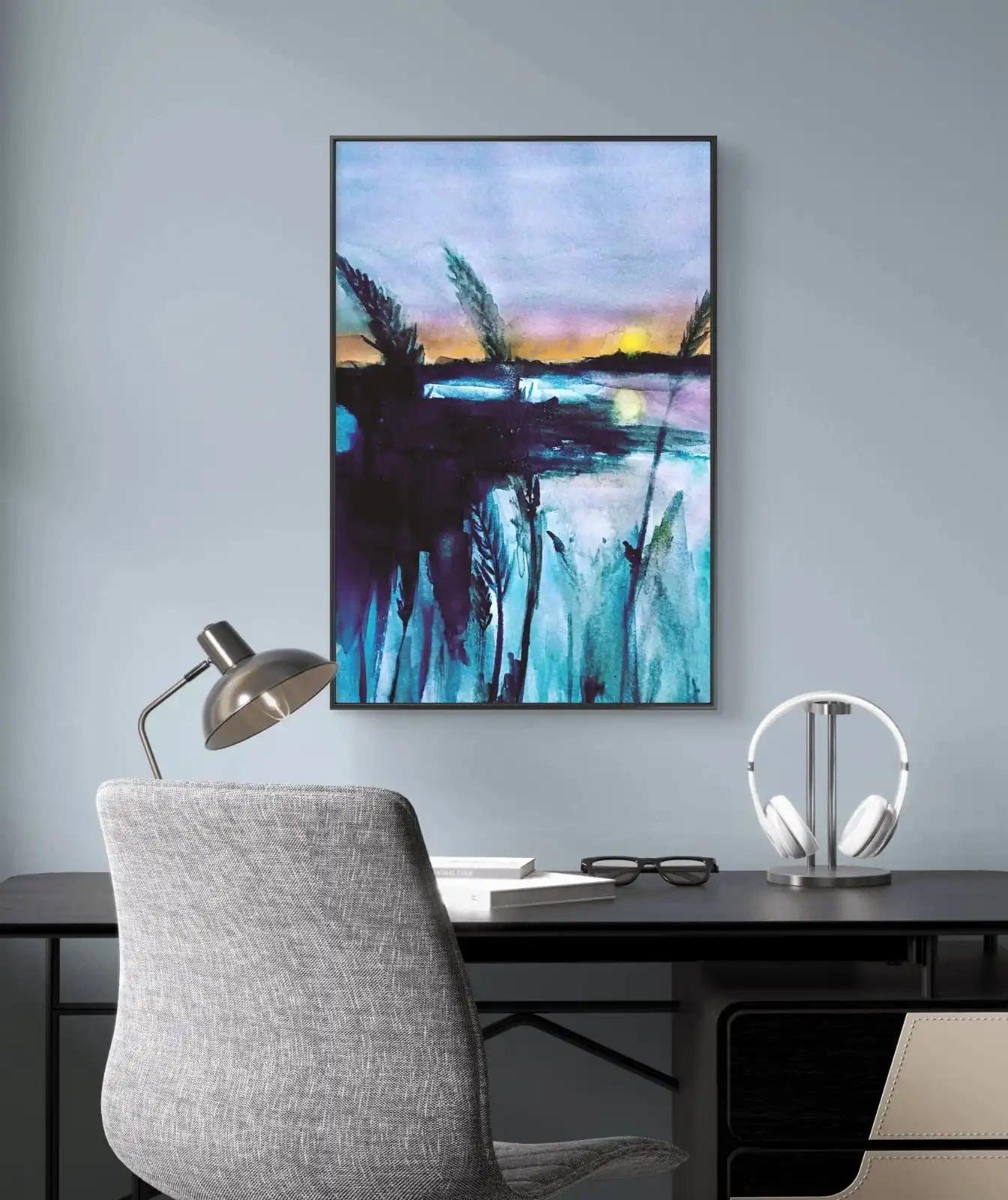 Fields at Sundown painting featuring sunset over teal water with tall reed silhouettes and golden horizon.