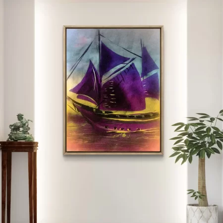 Fortune Sails Home magenta ship painting for Vastu and Feng Shui, signed art on cotton canvas