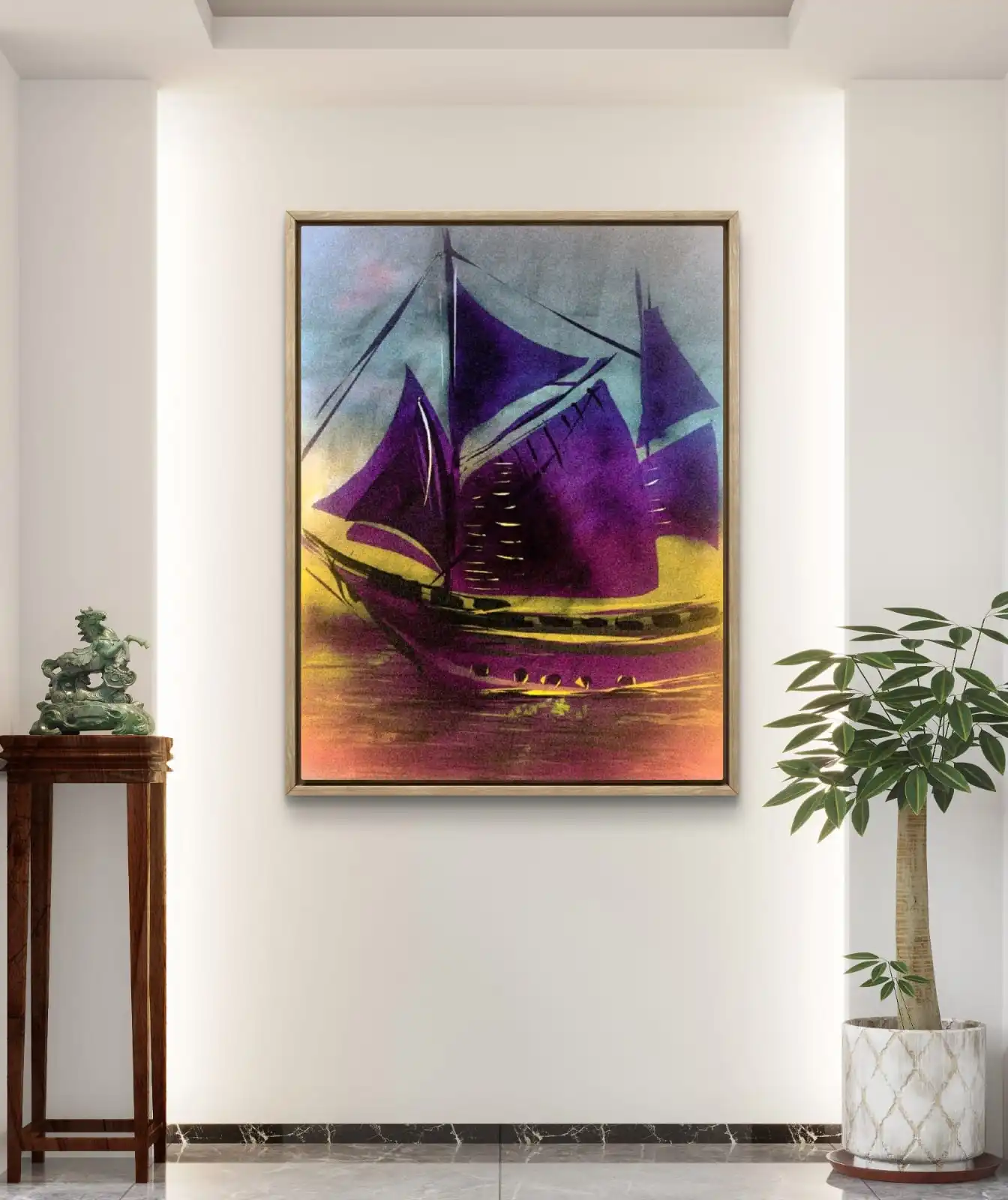 Fortune Sails Home magenta ship painting for Vastu and Feng Shui, signed art on cotton canvas