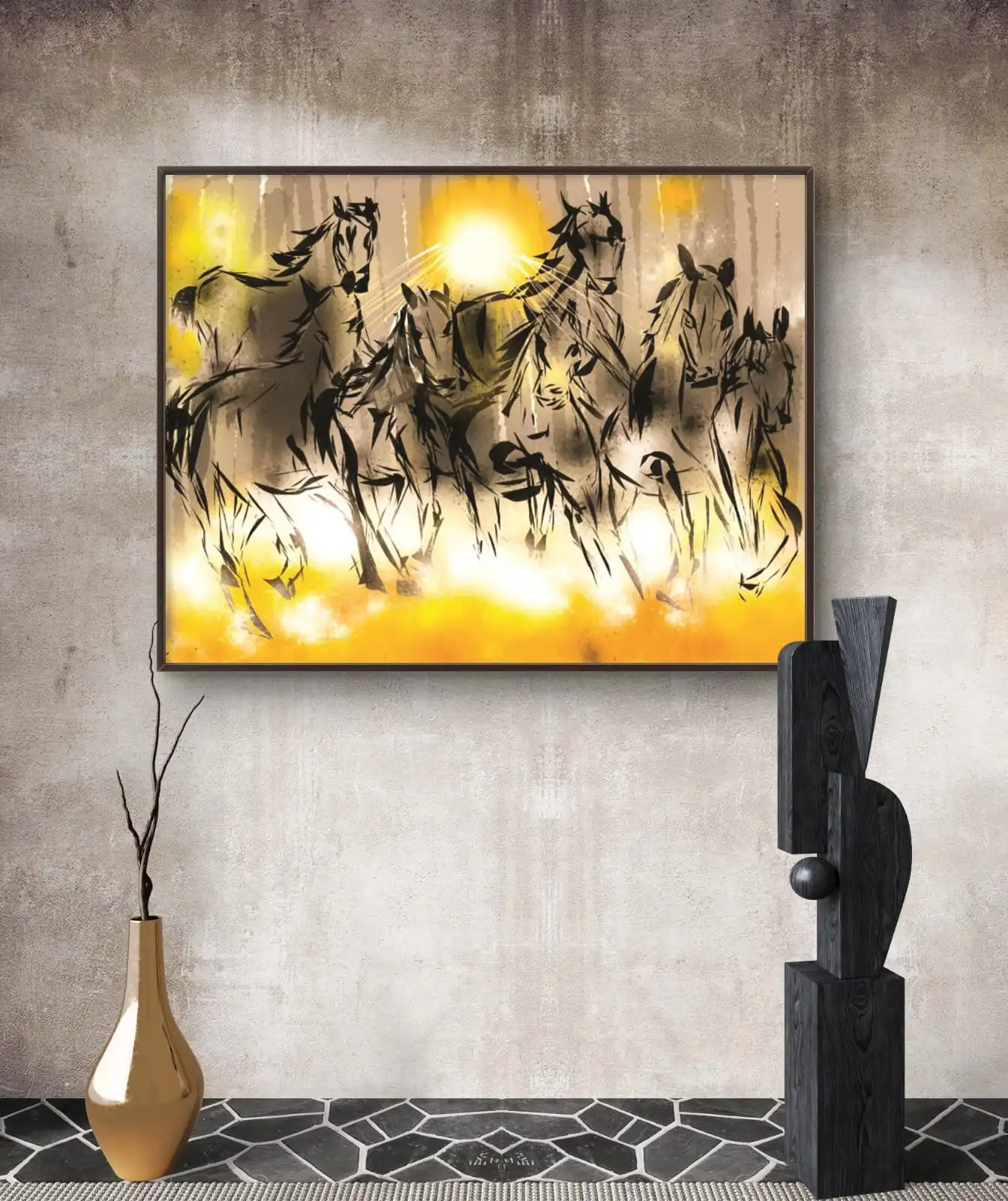 Golden Gallop Artwork Print – Abstract Energetic Horses on cotton canvas