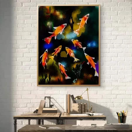 Golden koi Feng Shui painting on cotton canvas signed by artist