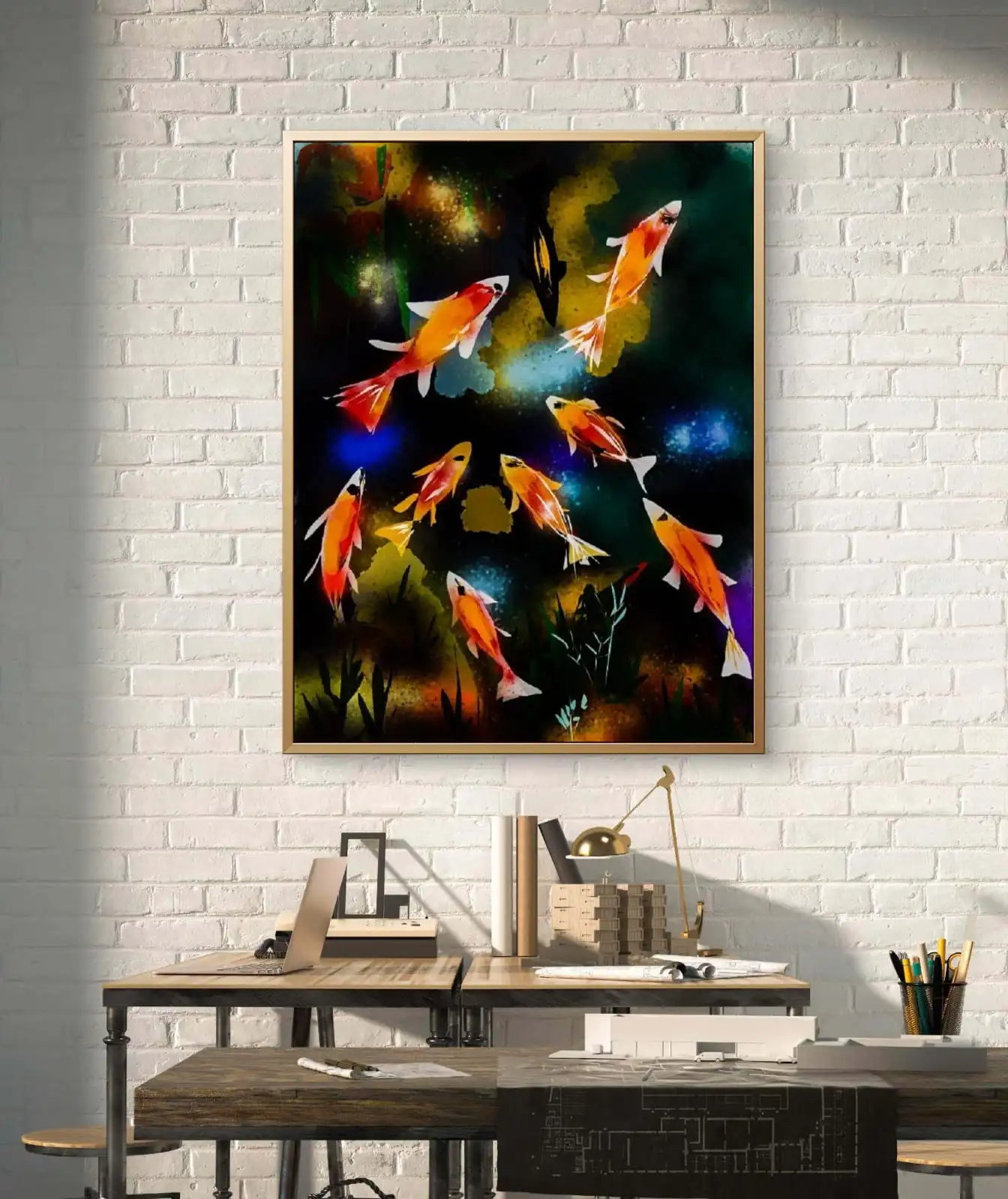 Golden koi Feng Shui painting on cotton canvas signed by artist