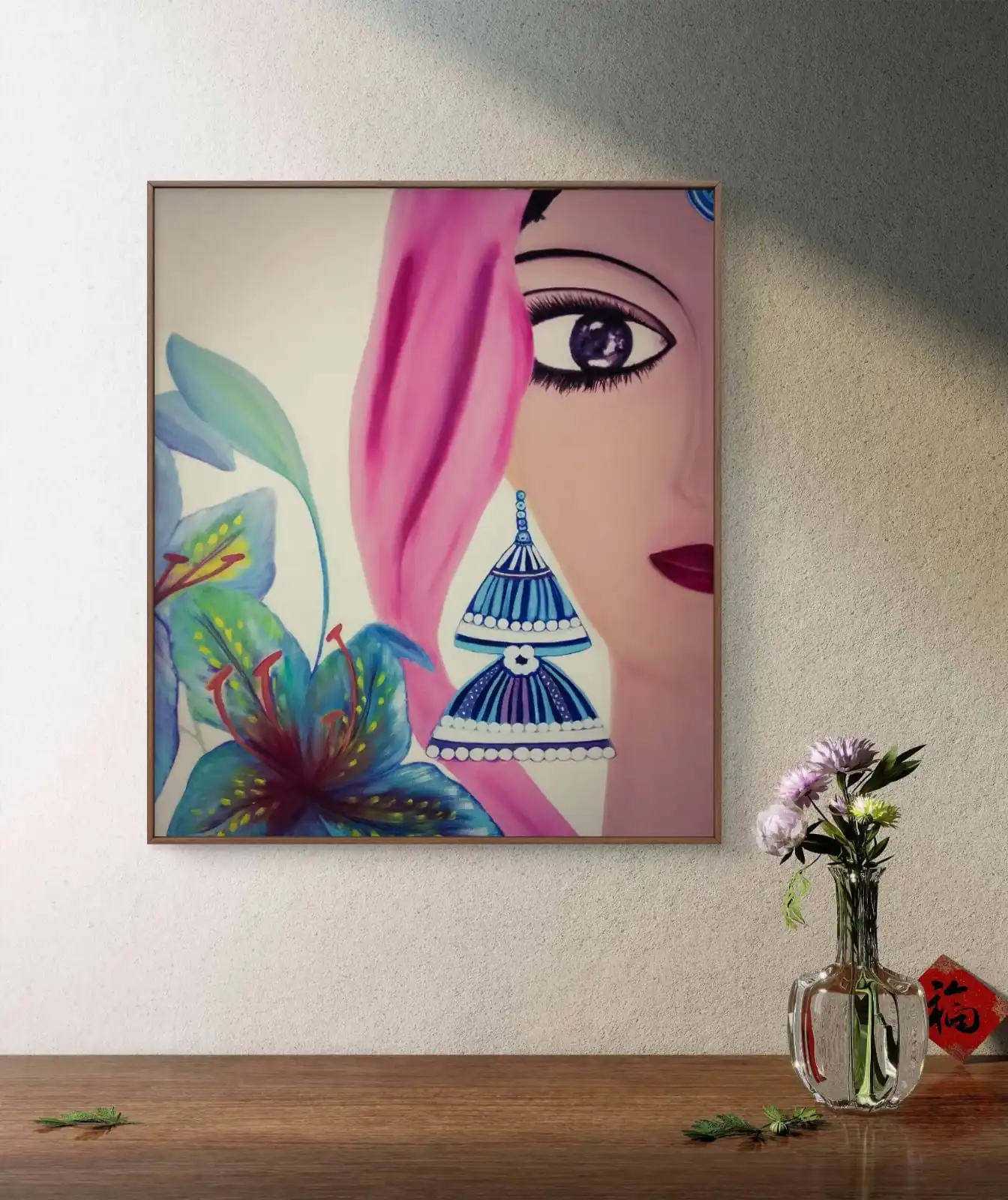 Half Glance of Elegance – original acrylic painting showing a graceful woman’s half face with floral elements and pink drape