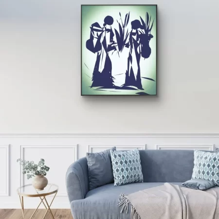 Mother Teaching Humanity Values painting Humanity in blue tones on white and light green background