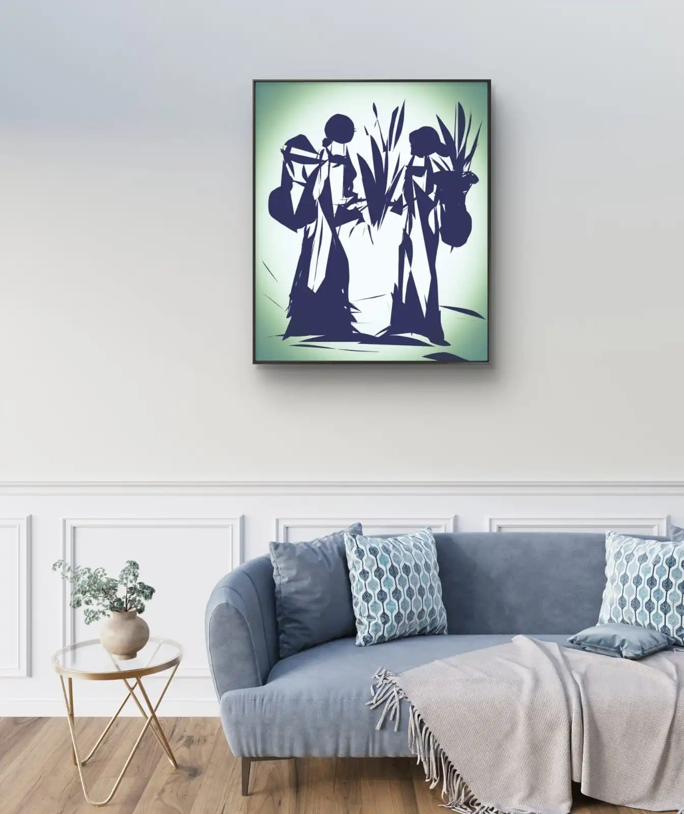 Mother Teaching Humanity Values painting Humanity in blue tones on white and light green background