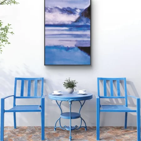 Indigo Calm landscape painting with misty blue mountains and calm reflective water in soft indigo tones.