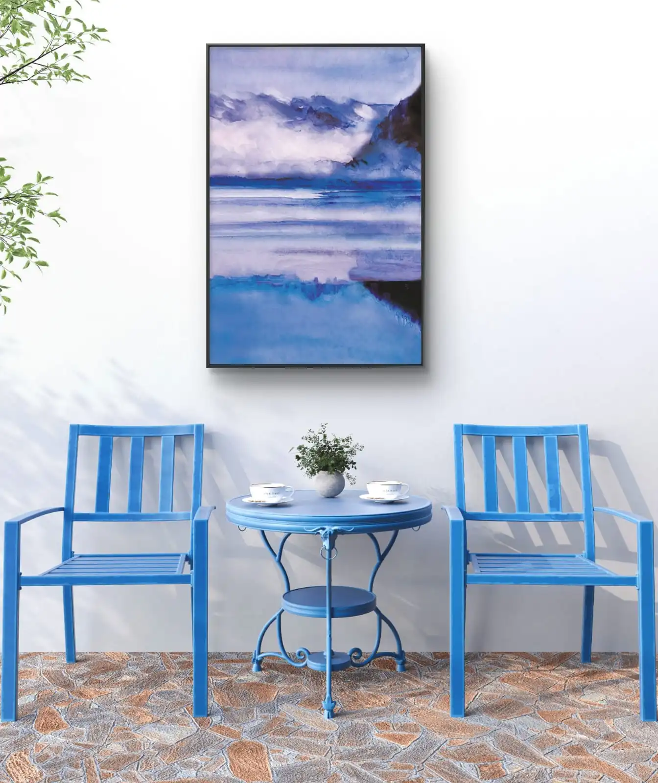 Indigo Calm landscape painting with misty blue mountains and calm reflective water in soft indigo tones.