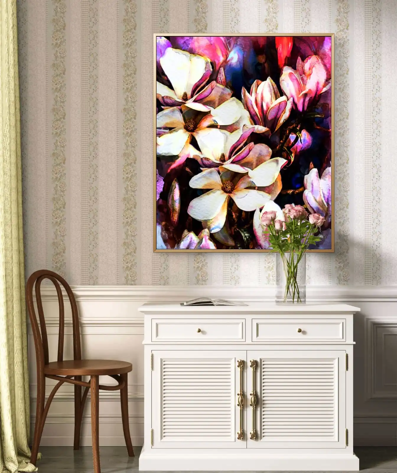 Magnolia Glow Canvas Painting – Fine Art Floral Print on Cotton Canvas by Sabiha Hasan Sumbul, Signed Artwork, Classical Framed / Unframed / Gallery Wrap, Home & Office Décor