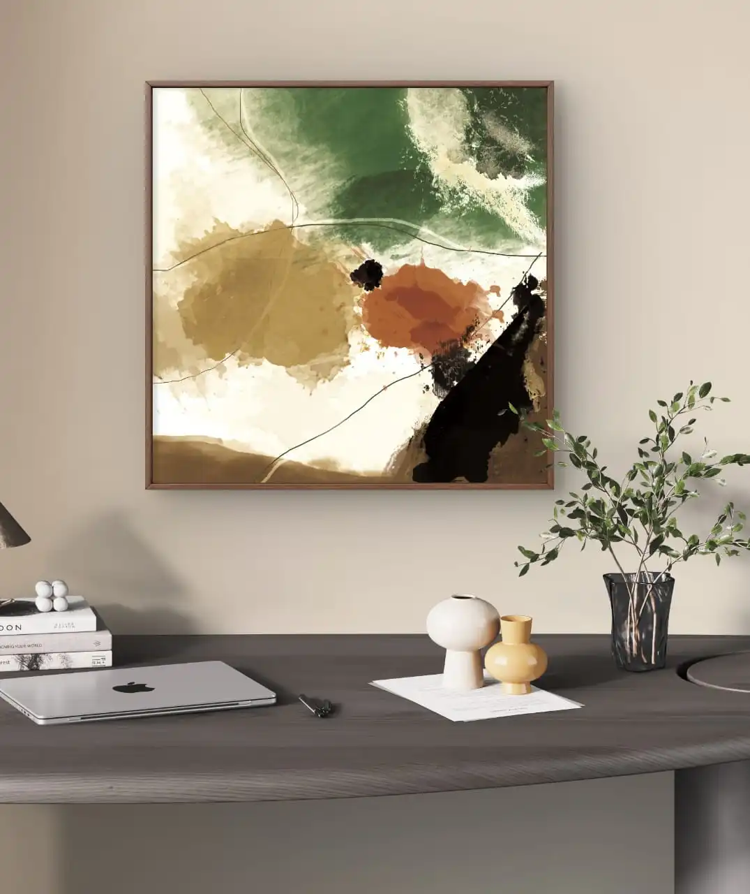 Organic Balance abstract acrylic painting with earthy green, brown, and black tones, available as fine art print on cotton canvas