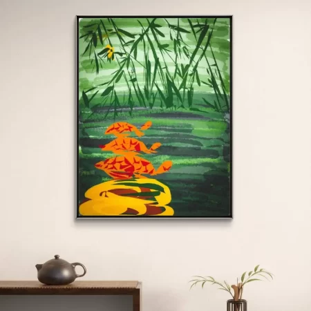 Turtles of Prosperity Painting on Digital Canvas with Fengshui Bamboo Design