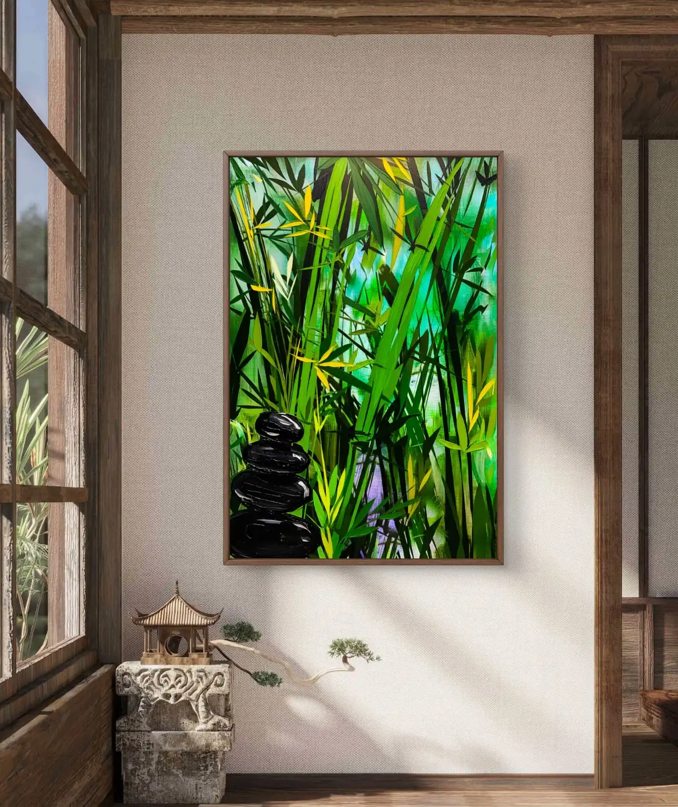 Sacred Bamboo Grove cotton canvas art print, signed by artist, modern wall décor.
