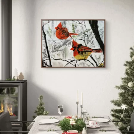 Snowbirds in Winter Wood painting of two birds on branches in a winter forest.