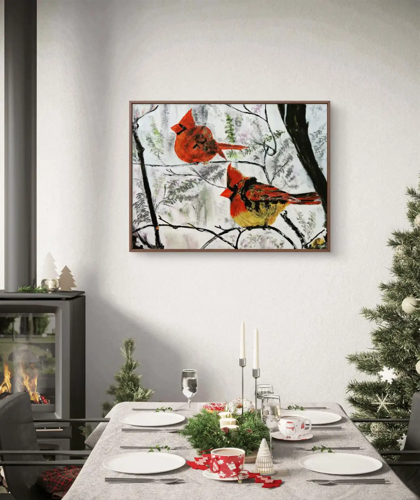 Snowbirds in Winter Wood painting of two birds on branches in a winter forest.