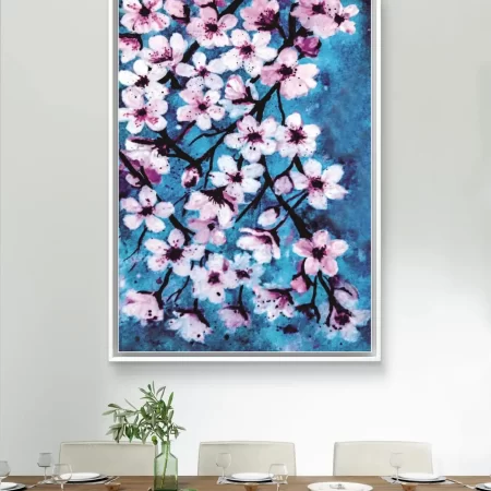 Blue Serenity Cherry Blossoms painting acrylic fine art print on cotton canvas signed by artist Sabiha Hasan Sumbul.