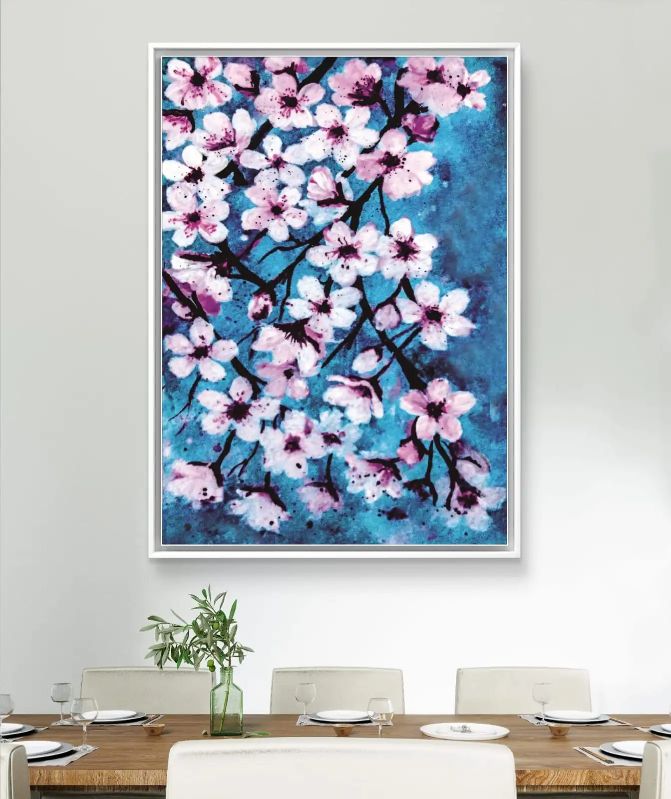 Blue Serenity Cherry Blossoms painting acrylic fine art print on cotton canvas signed by artist Sabiha Hasan Sumbul.