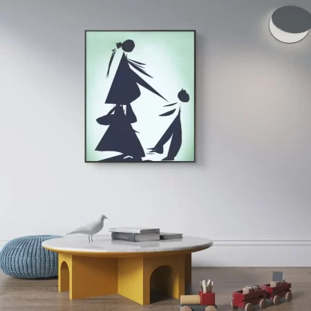 Mother Child Fun Painting Fun in blue tones on white and light green background