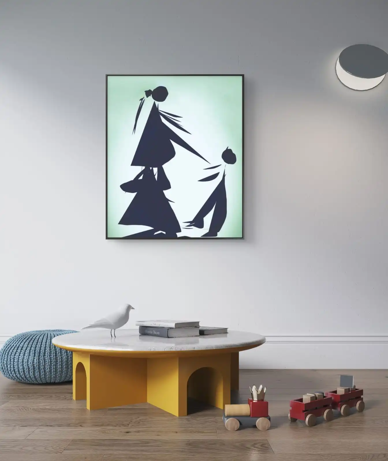 Mother Child Fun Painting Fun in blue tones on white and light green background