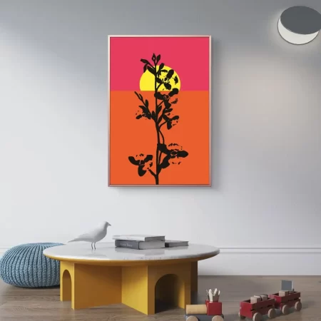 Sunrise Orchid Pop Art painting with bold orchid silhouette and pink orange sunrise background