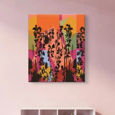 Lavender Bloom Pop Art floral painting with bold silhouettes and vibrant geometric background