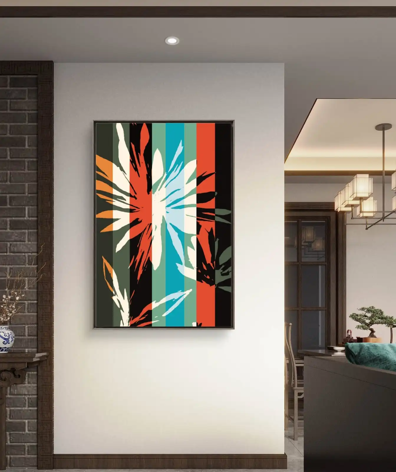 Colorful Dandelion Pop Art floral painting with bold vertical stripes in orange, teal, and green tones