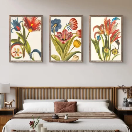 Floral Beauty Set of 3 Canvas Paintings – Fine art floral prints on cotton canvas, signed by artist Sabiha Hasan Sumbul, available framed or unframed.