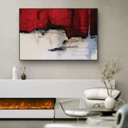 Scarlet Divide abstract acrylic painting by S.H. Sumbul – modern red and gold wall art print on canvas