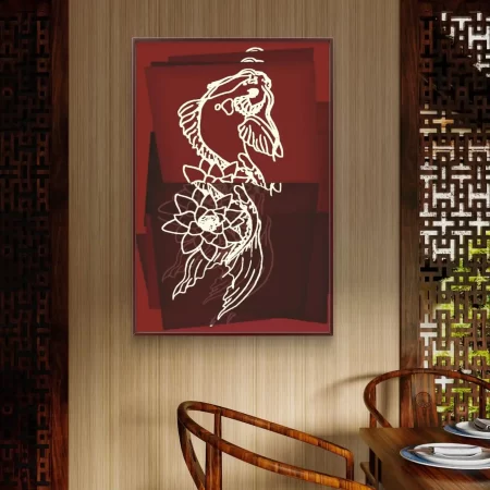 Zen Koi Pop Art red fish painting with bold geometric background and white line detailing