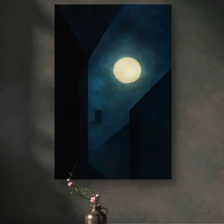 Contemporary acrylic painting Terrace Walk in the Moonlit showing a peaceful terrace under moonlight.
