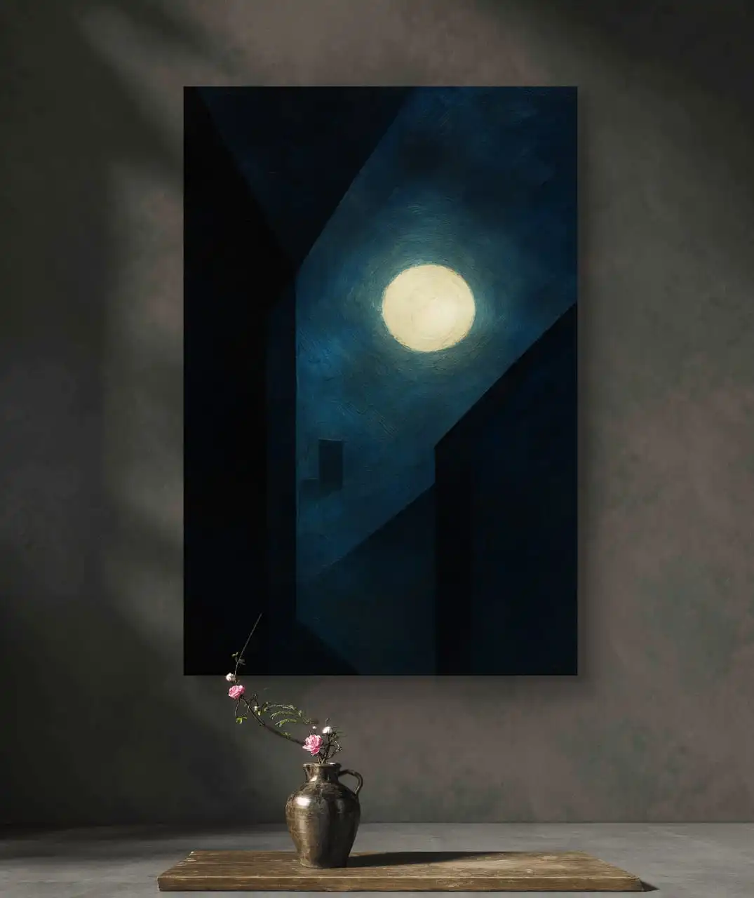 Contemporary acrylic painting Terrace Walk in the Moonlit showing a peaceful terrace under moonlight.
