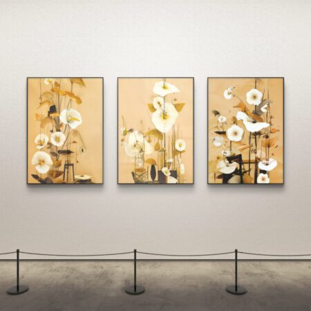 Floral Backyard Canvas Paintings – Set of 3 fine art prints on cotton canvas by artist Sabiha Hasan Sumbul, framed or unframed options.