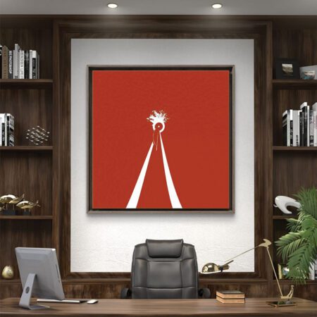 Goal Painting by Sabiha Hasan Sumbul – limited edition acrylic on canvas featuring a white arrow-like path on a dark red background symbolizing achieving goals.
