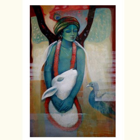The Sacred Companionship painting by Ashish Mondal showing Lord Krishna with cow and peacock – original handmade acrylic artwork on canvas